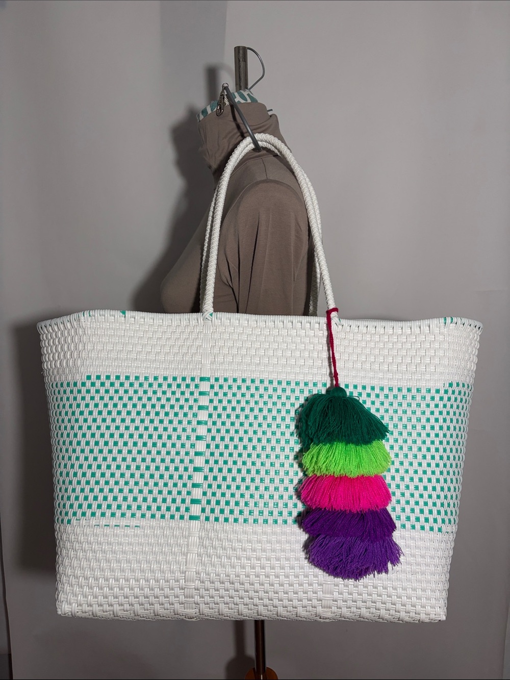 White and Turquoise Hand woven Oaxaca Mexico Extra-large Beach Market Tote Bag